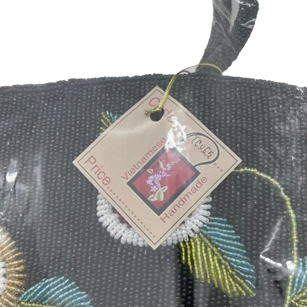 Beaded Purse Satchel Handbag Vintage Floral New with Tags Black Multicolor Retro